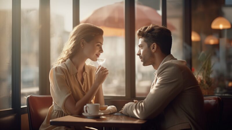 Coppia seduta ad un tavolo di un ristorante mentre lei guarda lui con gli occhi innamorati