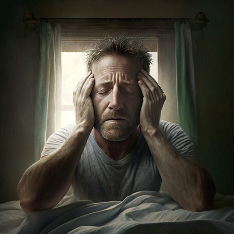 immagine di un uomo che si mantiene la testa con entrambe le mani con lo sguardo pensieroso e pieno di dubbi mentre è poggiato sul letto con una finestra alle spalle