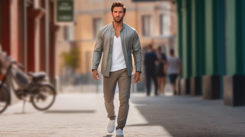 Uomo con vestiti casual che cammina per strada con sicurezza