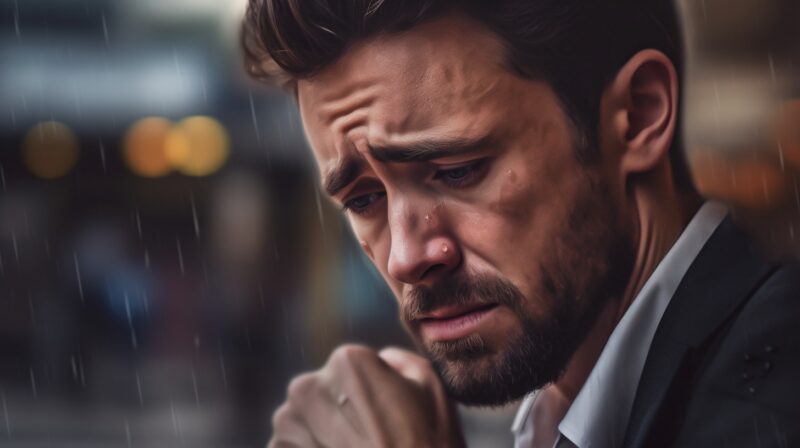 Raffigurazione di un uomo con il volto triste perché la propria fidanzata ha deciso di rompere con lui